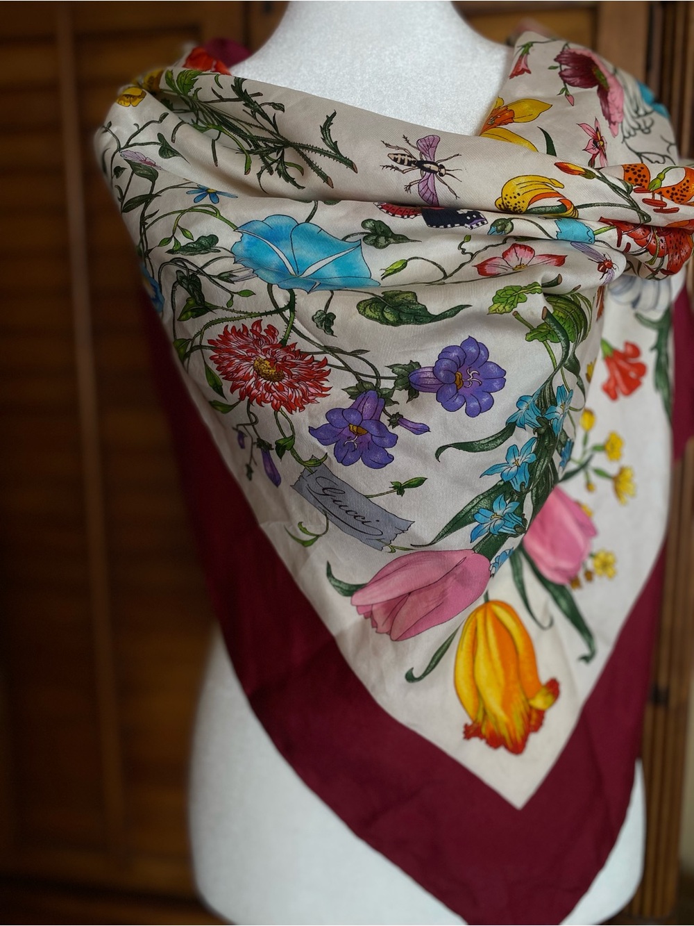 Gucci Floral Silk Scarf in Cream, Purple, Pink, Green